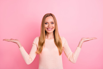 Portrait of confident person people have adverts advise advice isolated over pink background