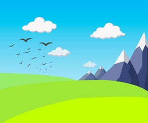 natural flat spring or summer green landscape with mountains, fields, hills, flying birds on blue sky. stylized scene with simple mountains. cute seasonal banner. village green fields background.