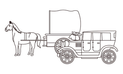 Classic cars and horse carriages vehicles in black and white