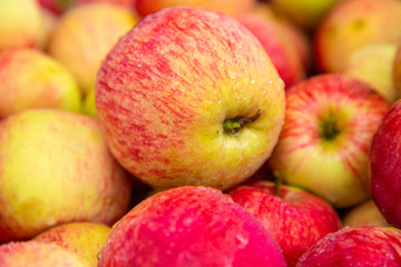 Many different ripe red apples background, farm garden harvest