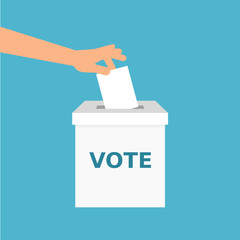 Hand is putting voting paper in the ballot box. VOTE message. Elections, democracy,participation,vote,concept. Calling for participation in elections. Vector illustration, flat style, clip art. 