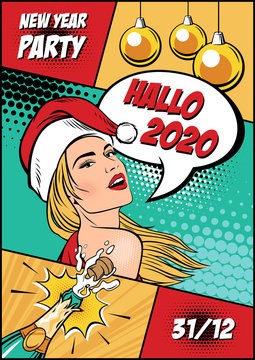 Woman in santa claus hat with speech bubble. Pop art vector illustration. New Year Party comic stile.  