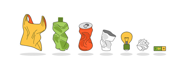 Household waste, garbage. Crumpled package, tin, bottle, plastic Cup, paper. As well as a light bulb and battery. Vector image on white background