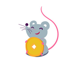 Cartoon cute rat in simple flat style sitting and holding money. Vector illustration