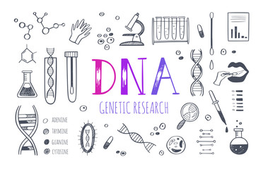 Genetic engineering and medical research vector background. DNA helix, genome testing elements. Chemical laboratory concept