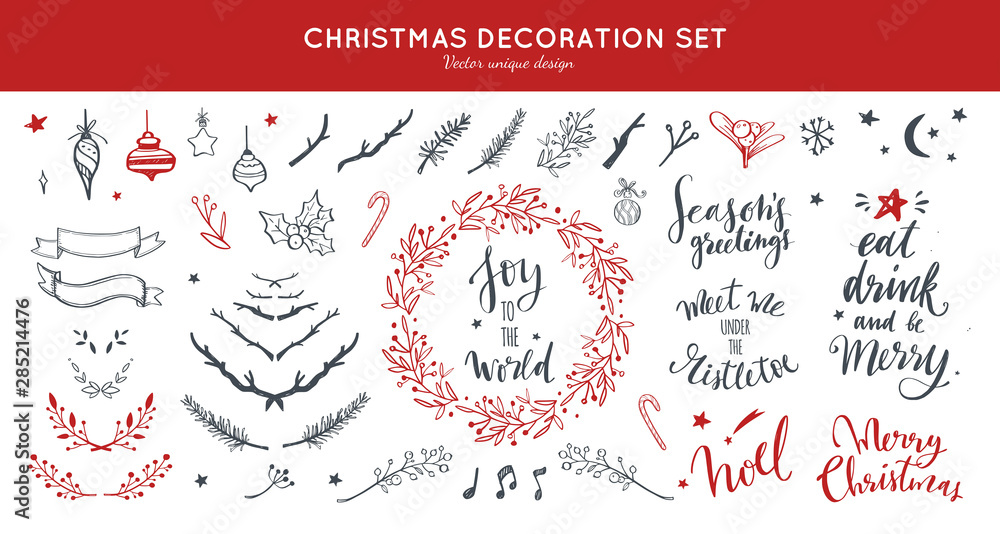 Wall mural christmas decoration vector hand drawn set. set doodle festive laurels and brunches, wreath for chri