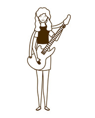 silhouette of woman with electric guitar on white background