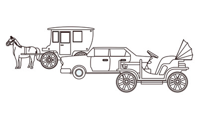 Classic cars and horse carriages vehicles in black and white