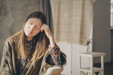 Fototapeta premium girl misses. Woman put his hands under his head. Copy space