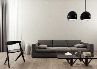Minimalistyczne wnętrze w stonowanych barwach z kanapą, szklaną ławą, krzesłem i drewnianą podłogą.