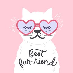 Best furriend cute card with a cat vector illustration. Colorful template with white cat in heart-shaped glasses and inspirational lettering for design print t-shirt or postcard. Isolated on pink