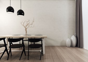 Minimalistyczna jasna jadalnia z czarnymi krzesłami i lampami.
 - obrazy, fototapety, plakaty