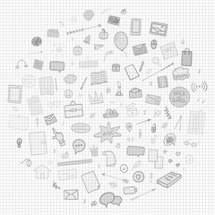 Hand drawn infographic elements. Education concept. Abstract pattern with school supplies. Graphic paper background. Checkered texture. Back to school. Black and white illustration