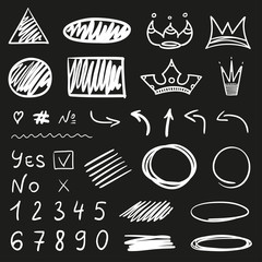 Infographic elements on isolated black background. Hand drawn simple signs. Line art. Abstract symbols. Black and white illustration