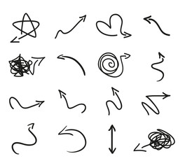 Infographic elements on isolated white background. Hand drawn simple arrows. Set of different pointers. Black and white illustration
