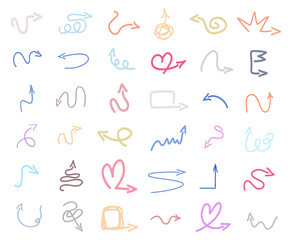 Hand drawn multicolored pointers on white. Abstract arrows. Set of different signs. Colorful illustration. Sketchy doodles for work