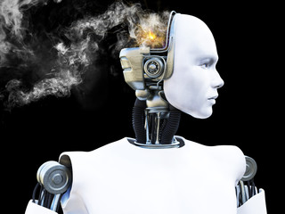 3D rendering of male robot with smoke from his head.