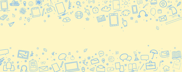 Abstract pattern with school supplies. Back to school. Set of different signs and symbols. Hand drawn elements. Illustration for banners, flyers or posters