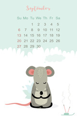 September month 2020 template design. Calendar 2020 with funny and cute rat.