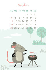 October month 2020 template design. Calendar 2020 with funny and cute rat.