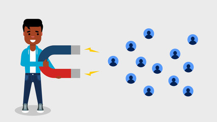 Young African American attracts followers with a magnet. Customer retention strategy. Influencer. Social media marketing concept.Guy holding magnet dragging people icons.Vector illustration,flat style