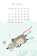 December month 2020 template design. Calendar 2020 with funny and cute rat.
