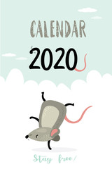 Calendar cover 2020 template design with funny and cute active rat.