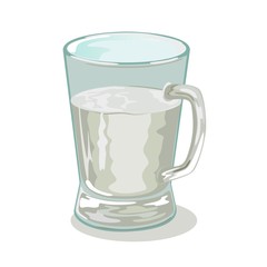 Glass handle mug, cup of transparent sap, water, juice. Glassware with drink, beverage. Chemical, technical or medical liquid in kitchenware. Cartoon vector illustration isolated on white background.