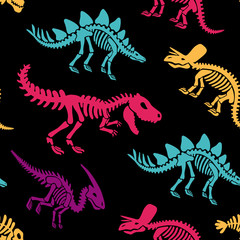 Dinosaurs skeletons fossils seamless pattern. Tshirt print, fabric, modern background. Vector