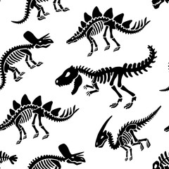 Dinosaurs skeletons fossils seamless pattern. Tshirt print, fabric, modern background. Vector