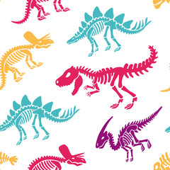 Dinosaurs skeletons fossils seamless pattern. Tshirt print, fabric, modern background. Vector