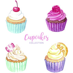 Set of watercolor cupcakes hand drawn, Vector collection of four cake with cream. sweet food, delicious yummy isolated