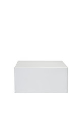Modern white plastic small coffee table on a white background. Front view with clipping path