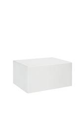 Modern white plastic small coffee table on a white background. Side view with clipping path