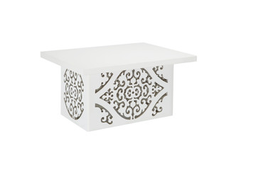 Modern white plastic small coffee table with ornament on a white background. Side view with clipping path