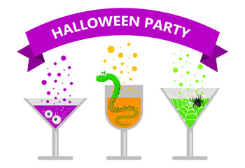 Halloween Party . Three glasses of colored poison potion. In the first glass eyeballs, in the second snake, in the third spider and web. Vector on white background