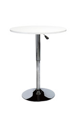 Modern white round adjustable small coffee table on a white background. Side view with clipping path