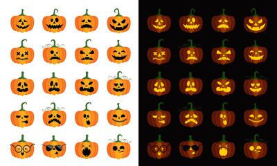 Set of vector pumpkins for Halloween on white and black background. Different faces and emotions.