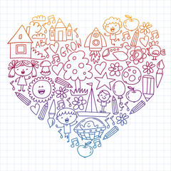 Time to adventure. Imagination creativity small children play nursery kindergarten preschool school kids drawing doodle icons pattern, play, study, learn with happy boys and girls Let's explore space