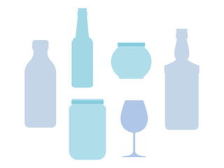 Glass waste suitable for recycling. Set of different bottles, jars and glasses. Isolated on white background. Vector illustration, flat style. 