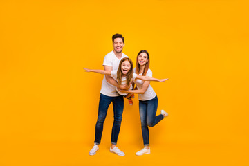 Full body photo of family spending leisure time together wear casual outfit isolated yellow...