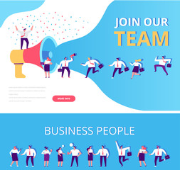 Join our team vector horizontal banners. Group of people shouting on huge megaphone. Business people disscussing. Teamwork.  Business men and women running. Flat style illustration for web.