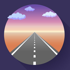 Landscape with sky and clouds, land and asphalt road with marking, empty highway in desert, vector illustration.