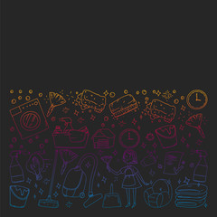 cleaning services company vector monochrome pattern on black background, drawing gradient.
