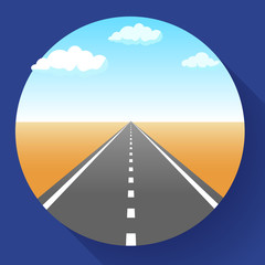 Landscape with sky and clouds, land and asphalt road with marking, empty highway in desert, vector illustration.