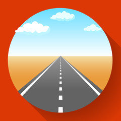 Landscape with sky and clouds, land and asphalt road with marking, empty highway in desert, vector illustration.