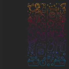 cleaning services company vector monochrome pattern on black background, drawing gradient.