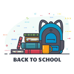 Back to school banner. School backpack with pile of books. Backpack for student and education. Education and study back to school back pack. Schoolbag or knapsack. Line style vector.