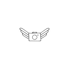 Flying photo camera. Hand drawn vector icon. Aerial photography logo element.