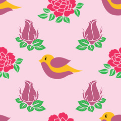 Vector purple cute bird with pink and purple roses